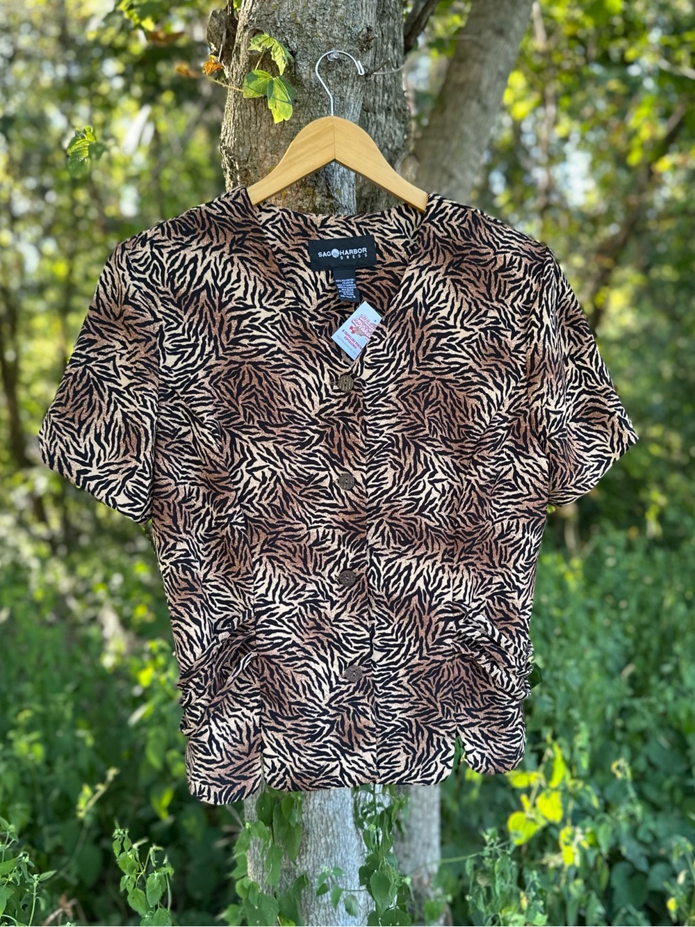 Vintage 90s Sag Harbor Tan & Black Animal Print Short Sleeve Blouse Size 16